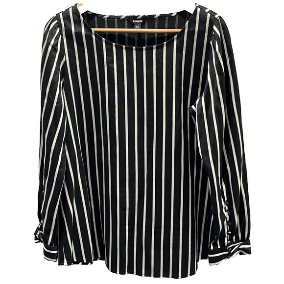Express Black White Stripe Blouse Large Long Puff Sleeve Elegant Quiet Luxury - Picture 1 of 5